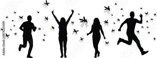Silhouette vector illustration of people running away from swarm of biting mosquitoes, pest control protection against malaria dengue zika virus, summer insect infestation.