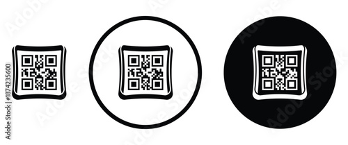 Three minimalist black and white QR code icons arranged horizontally on a transparent background. Left: standard square QR pattern. Center: QR inside thin white circle on black. Right: QR inside thick