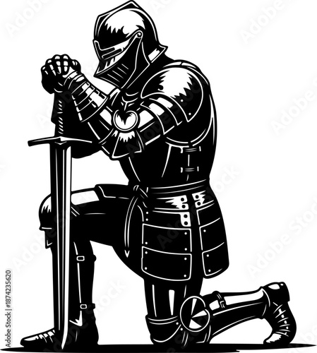 Medieval Knight Kneeling With Sword silhouette vector illustration
