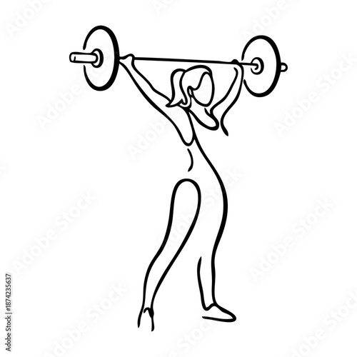 Concepto gimnasio. Dibujo sencillo con una única línea de una mujer levantando una barra de pesas
