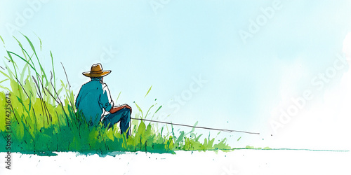 Serene watercolor fisherman sitting on a grassy riverbank under a wide blue sky.