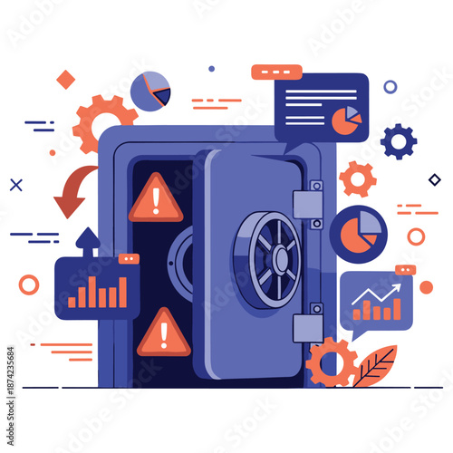 Secure vault with data analytics symbols and diagrams in blue and orange illustration