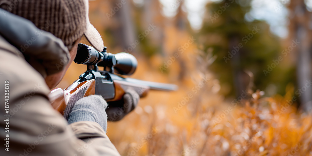 Obraz premium Hunter aiming a scoped rifle in an autumn forest.