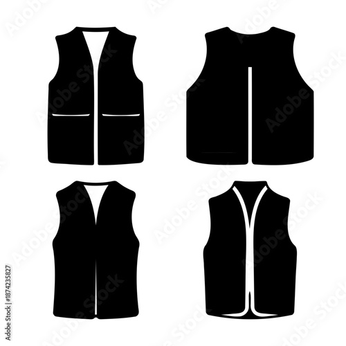 Collection of black vest silhouettes showcasing diverse designs for apparel illustration