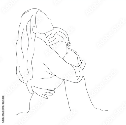 mother hugging her child. Continuous one single line drawing Mother hugging her little daughter showing love and family bonding