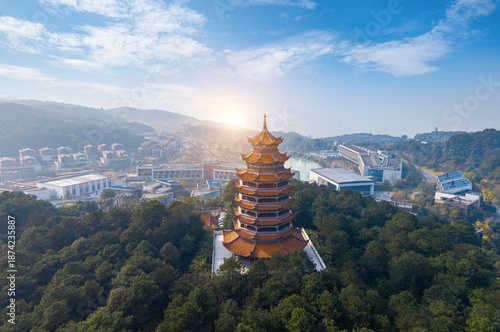 The attic and pagoda of ancient buildings on the mountaintop