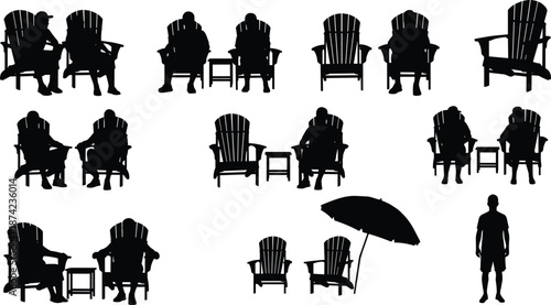 Silhouettes of people sitting in Adirondack chairs, relaxing by the beach with umbrellas and side tables, summer vacation and outdoor leisure vector illustration,