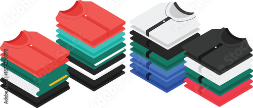 Isometric 3d illustration of neatly stacked folded t shirts in various colors for clothing store, fashion, and retail display