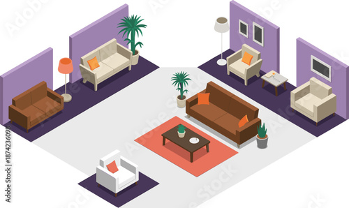 Isometric 3D illustration of modern living room interior with sofas, armchairs, lamps, plants, rugs, and stylish contemporary furniture