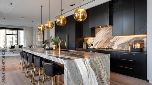 Sleek modern kitchen showcases matte black flat-panel cabinets, white marble countertops with dramatic veining, and luxury gold lighting.
