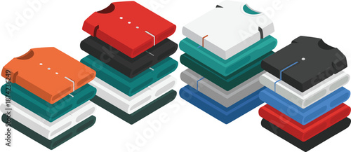 Isometric 3d illustration of neatly stacked folded t shirts in various colors for clothing store, fashion, and retail display