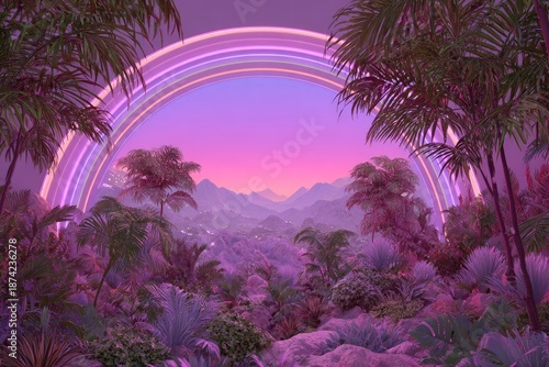 Pink Purple Rainbow Forest Landscape Sunset View