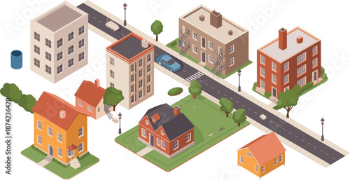 Isometric 3D illustration of small suburban neighborhood with houses, buildings, streets, cars, trees, and modern urban residential architecture