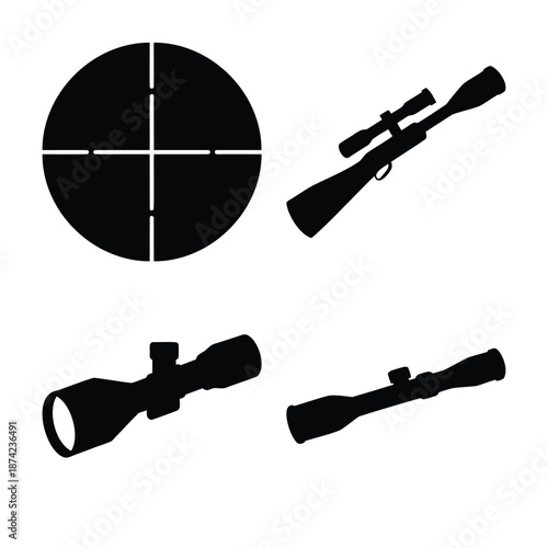 Collection of hunting rifle scopes and a reticle silhouette for precision aiming