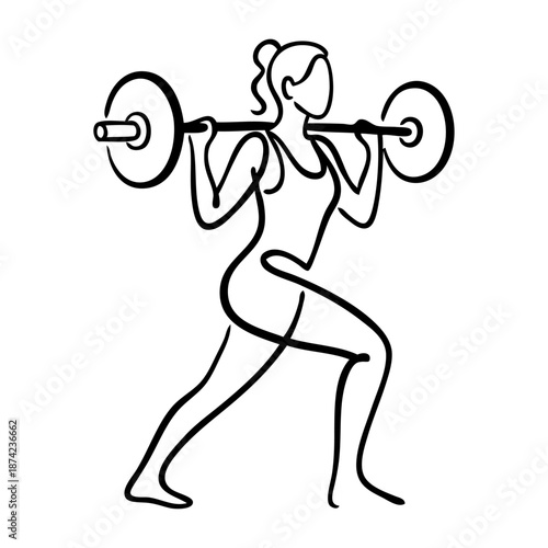 Concepto gimnasio. Dibujo sencillo con una única línea de una mujer levantando una barra de pesas