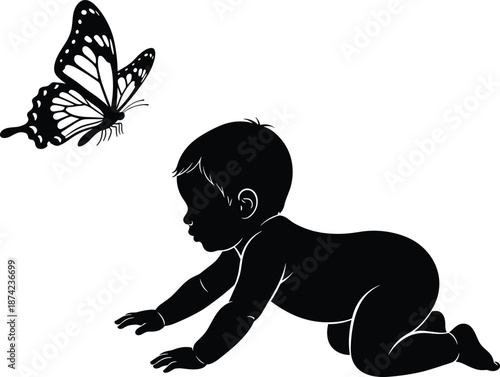 Black silhouette of a crawling baby watching a butterfly flying isolated on white background for childhood innocence and nature design