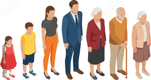 Multigenerational family illustration showing people of different ages standing together representing life stages aging society diversity concept vector flat design