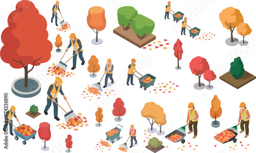 isometric autumn landscape illustration, workers raking fallen leaves, fall season maintenance, park cleaning, outdoor gardening service, environmental care concept, vector design
