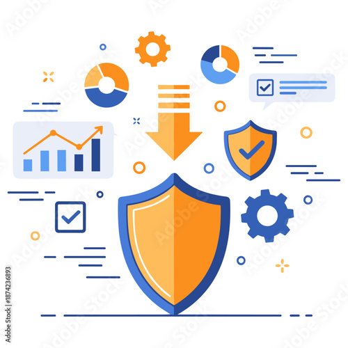 Data security and analytics concept with shields and graphs