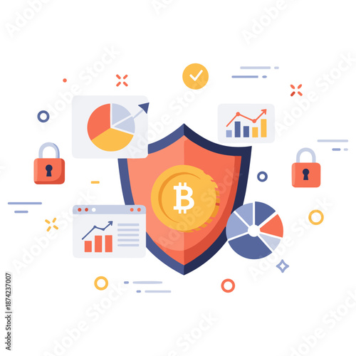Cryptocurrency security: shielding bitcoin with data charts and lock icons
