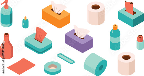 Isometric bathroom accessories illustration with tissue boxes, soap dispensers, paper rolls, towels, napkins, bottles, hygiene and cleaning product design