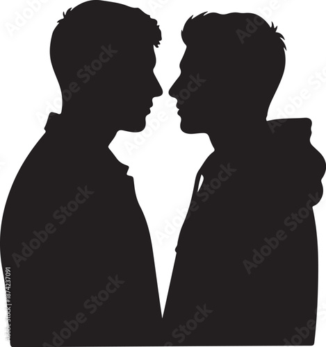 Silhouette of two men facing each other closely profile