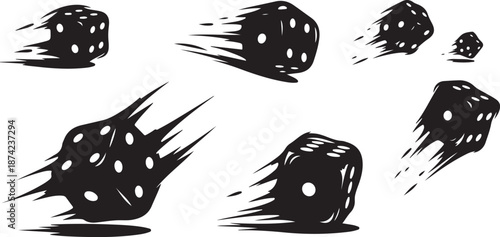 Black and White Illustration of Moving Dice in Motion