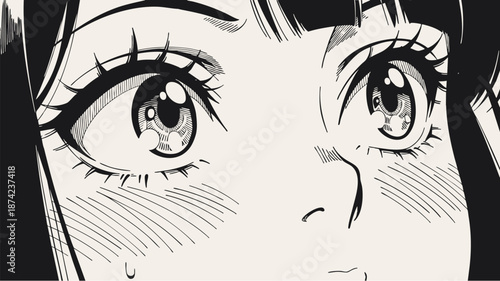 Anime close up of expressive girl eyes with detailed manga linework and emotional facial focus