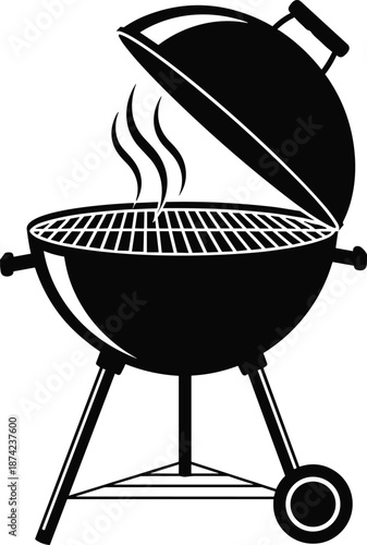 Vector illustration of charcoal barbecue kettle grill with open lid, rising smoke, outdoor cooking icon for summer picnic, backyard garden party, and food celebration.