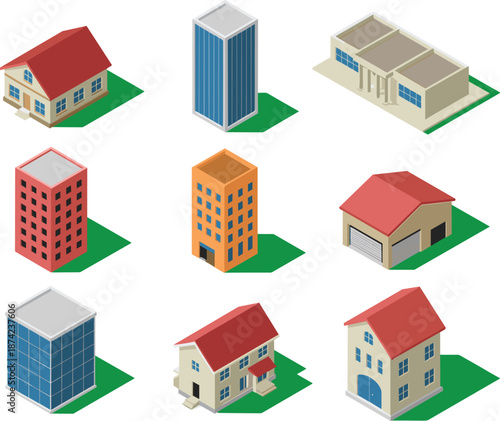 Isometric building icon set featuring houses, apartments, skyscrapers, and public buildings, modern 3D architecture collection for maps and city design
