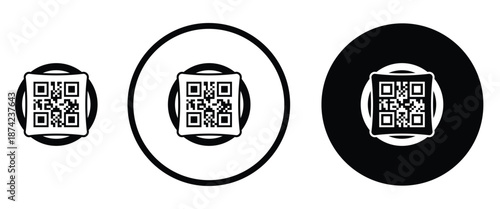 Three minimalist black and white QR code icons arranged horizontally on a transparent background. Left: standard square QR pattern. Center: QR inside thin white circle on black. Right: QR inside thick