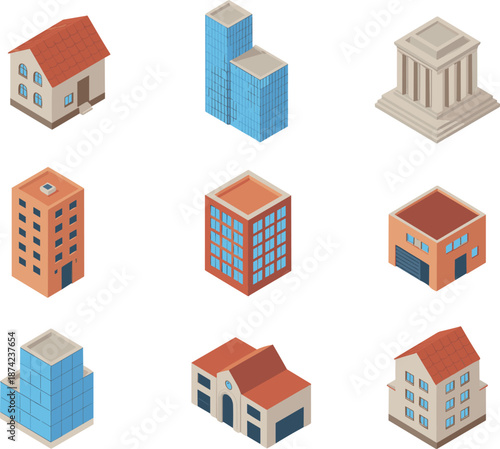Isometric building icon set featuring houses, apartments, skyscrapers, and public buildings, modern 3D architecture collection for maps and city design