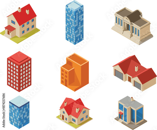 Isometric building icon set featuring houses, apartments, skyscrapers, and public buildings, modern 3D architecture collection for maps and city design