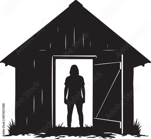 Silhouette of woman standing in doorway of small cabin