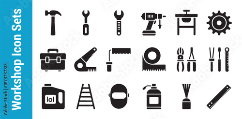 Workshop icon sets showing various maintenance and building tools for industrial and home improvement projects
