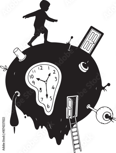 Surreal scene of melting clock and distorted objects around child