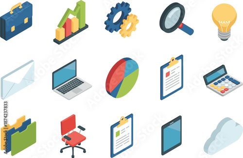 Isometric business and office icon set including laptop, briefcase, chart, calculator, documents, cloud storage, idea bulb, magnifying glass