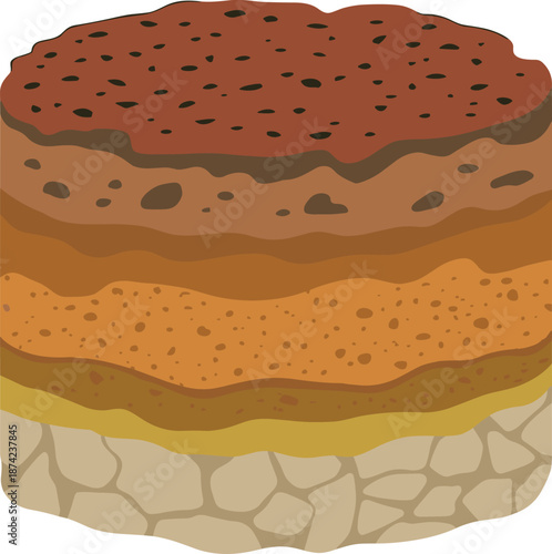 Soil profile cross section illustration showing layered earth strata, topsoil, subsoil, bedrock geology for agriculture, environment, education infographic, concept diagram
