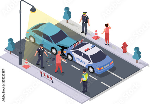 Isometric car accident scene with police officers investigating crash, damaged vehicles on city street, road safety emergency response vector illustration