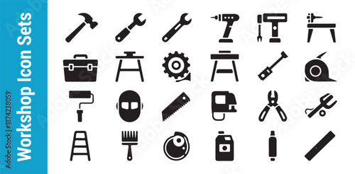 Professional workshop icon sets collection displaying essential tools and equipment in solid fill style