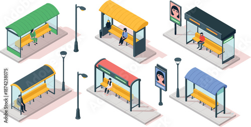Isometric city bus stop illustration set with shelters, benches, passengers, advertising boards, and street lamps in modern urban environment