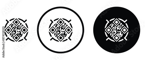 Three minimalist black and white QR code icons arranged horizontally on a transparent background. Left: standard square QR pattern. Center: QR inside thin white circle on black. Right: QR inside thick