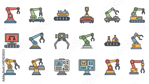 Robotic Arms and Machines in Various Positions.