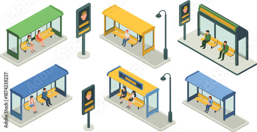 Isometric city bus stop illustration set with shelters, benches, passengers, advertising boards, and street lamps in modern urban environment