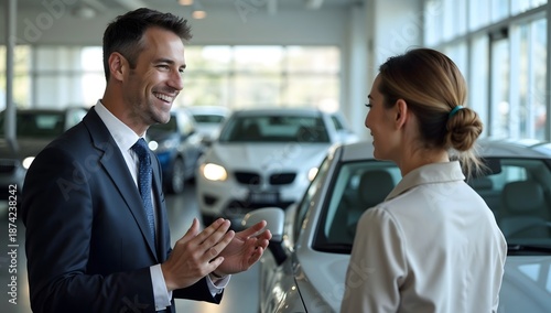 Modern Businessman Explaining Detail Of Car With Customer In Showroom