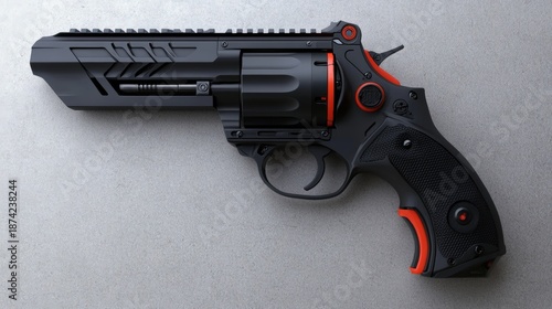 A futuristic black and red revolver-style handgun displayed on a gray textured surface.