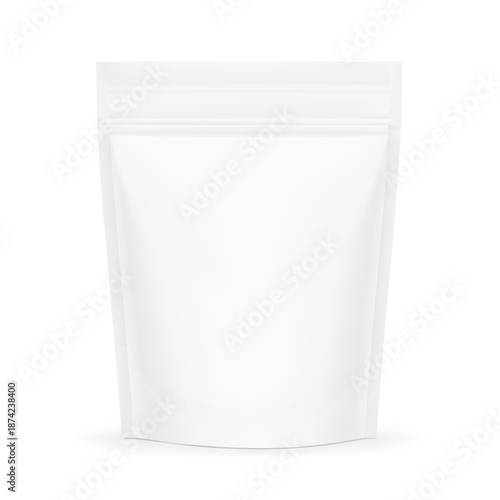 Realistic stand up pouch bag mockup with transparent shadow. Front view. Vector illustration isolated on white background. Ready for your design. EPS10.
