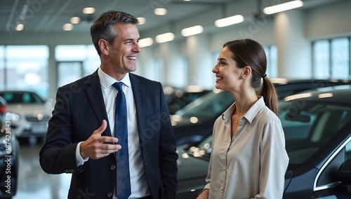 Modern Showroom Car Salesman Explaining Features to a Potential Female Buyer