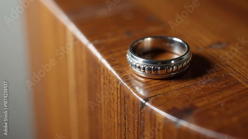 Elegant silver ring with decorative details on wooden surface