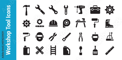 Workshop tool icons collection set essential equipment for building renovation automotive maintenance and repair jobs